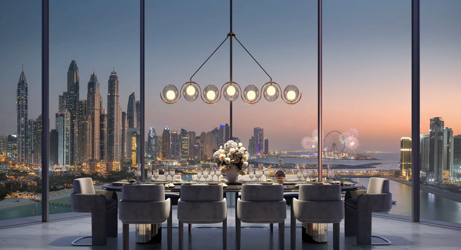 Penthouse dining room with Dubai Marina skyline at dusk