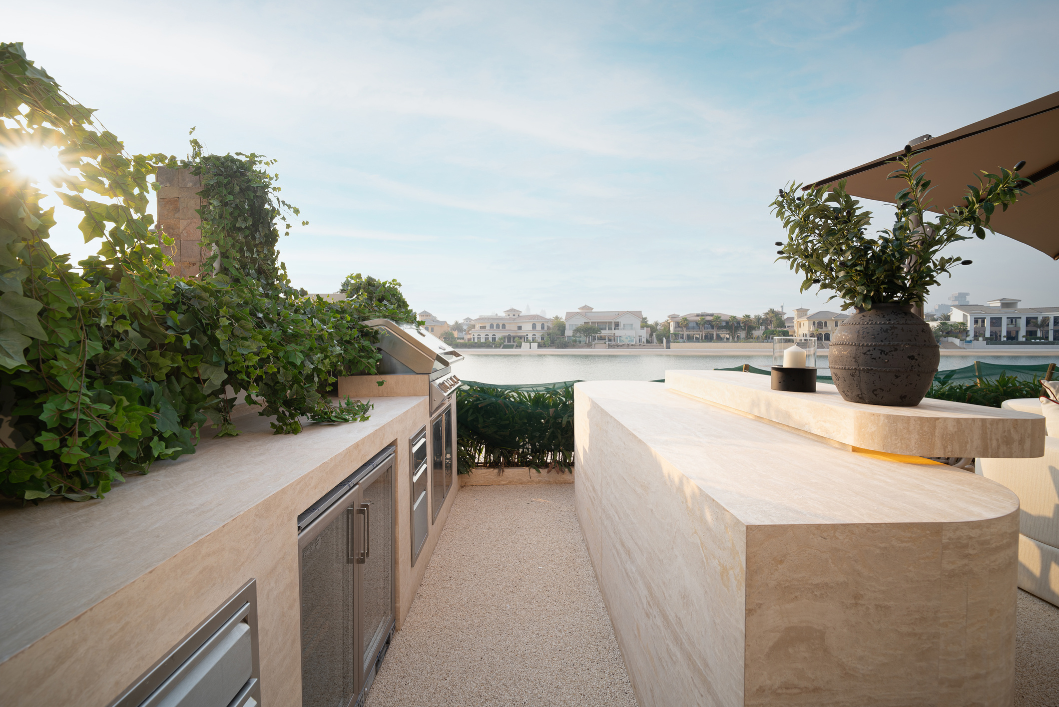 Outdoor kitchen with lagoon view