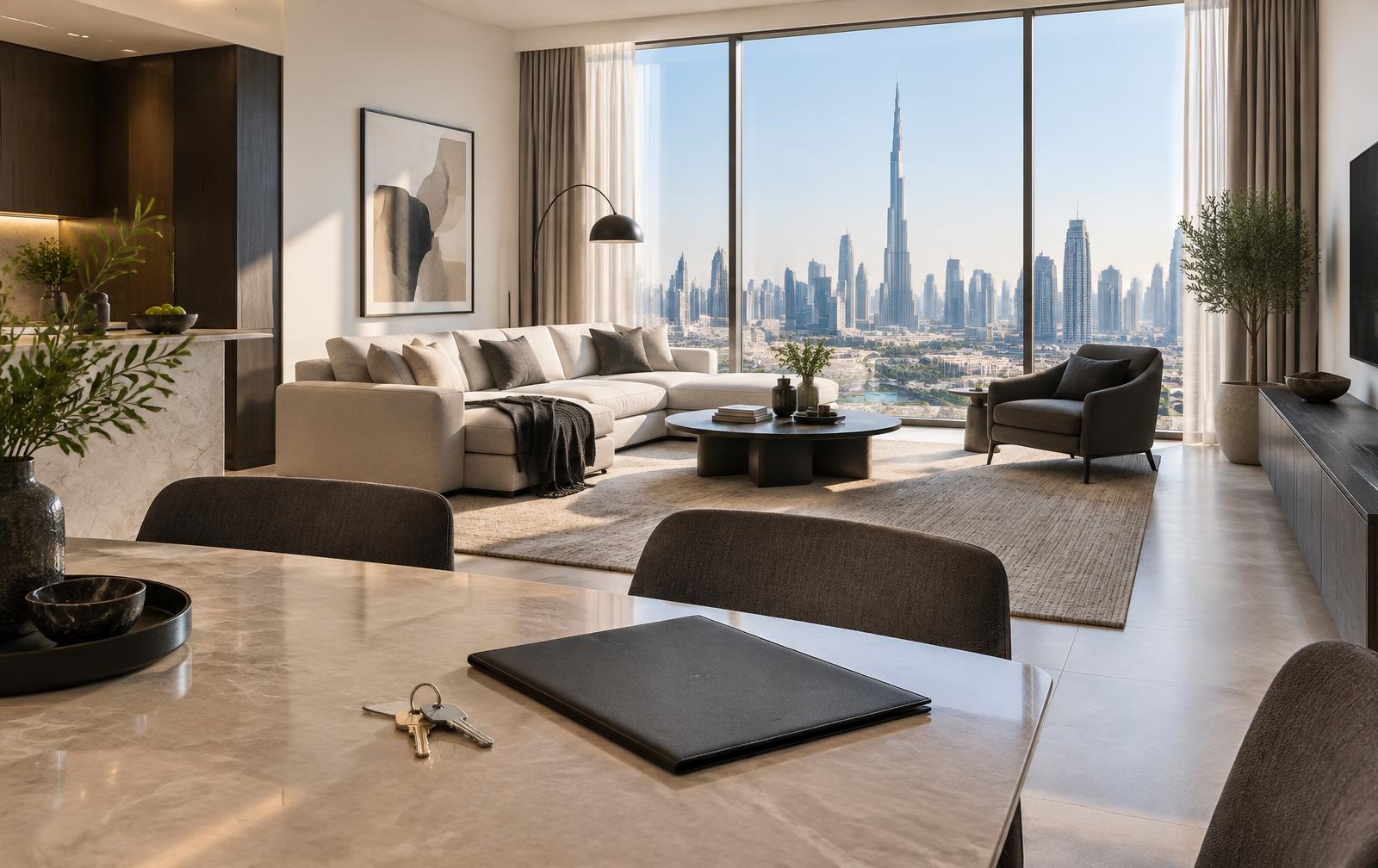 Bright Dubai apartment with keys and purchase documents on the table