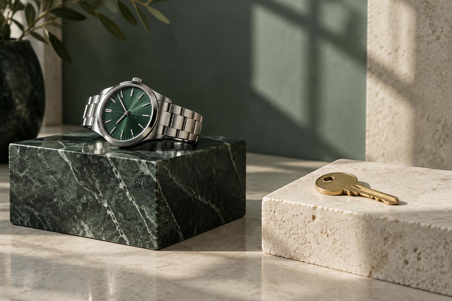 A mechanical watch and apartment key on stone plinths