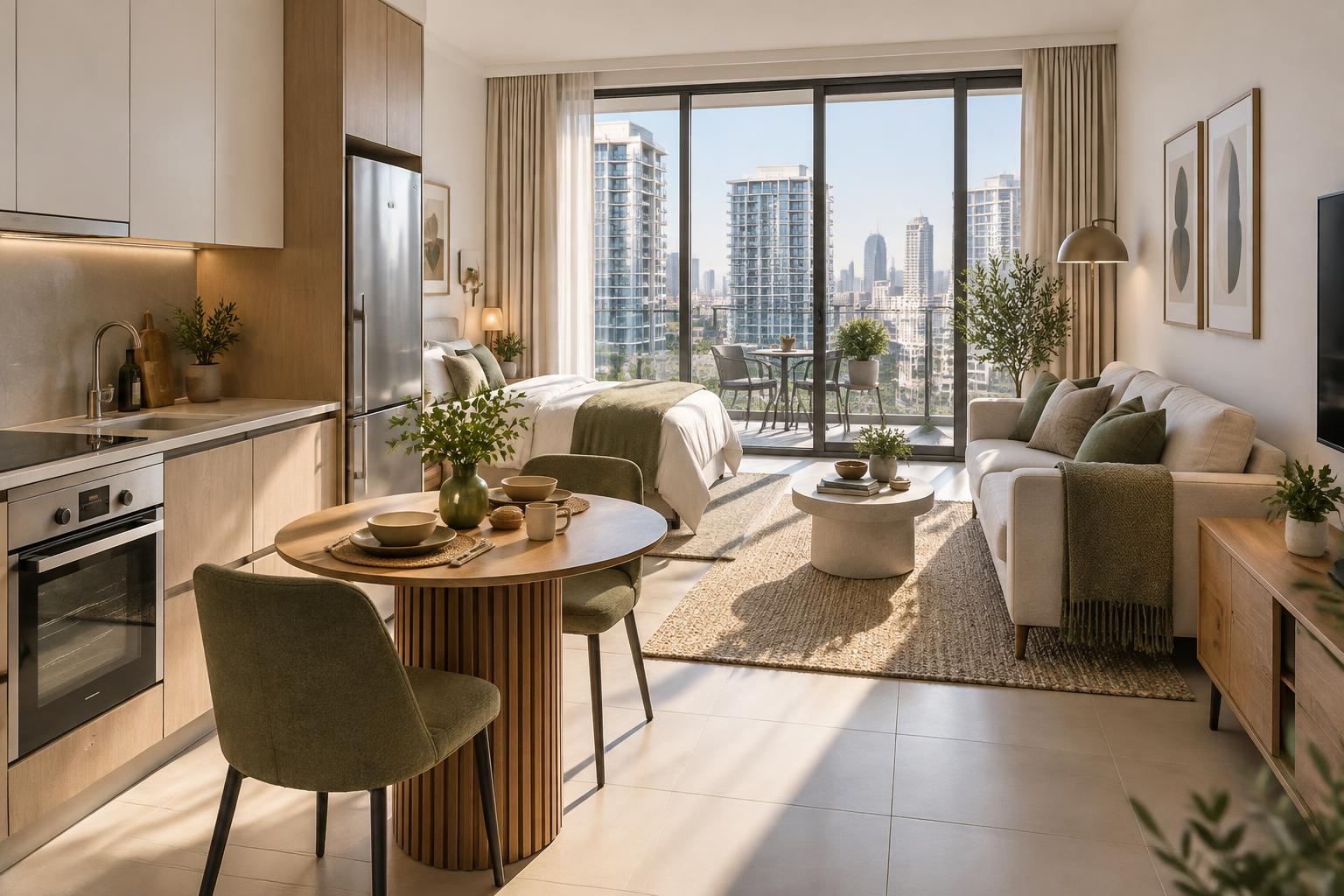 A bright compact studio apartment with balcony and Dubai skyline