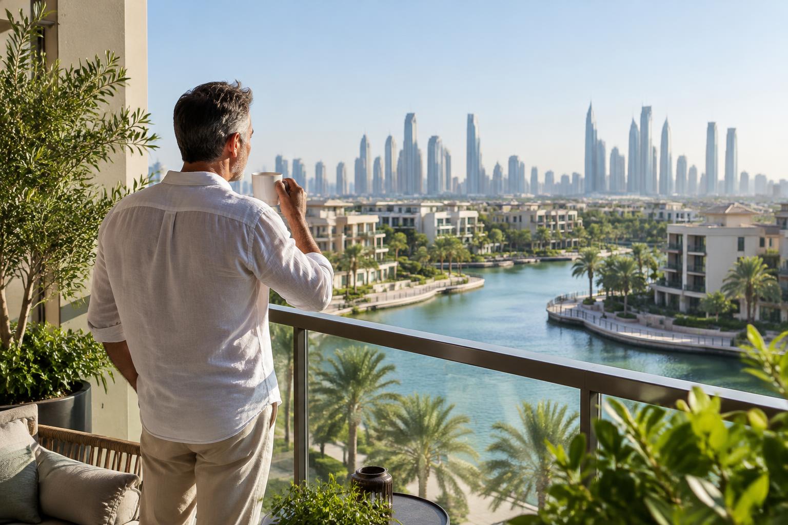 A man enjoying a quiet coffee on a Dubai waterfront balcony