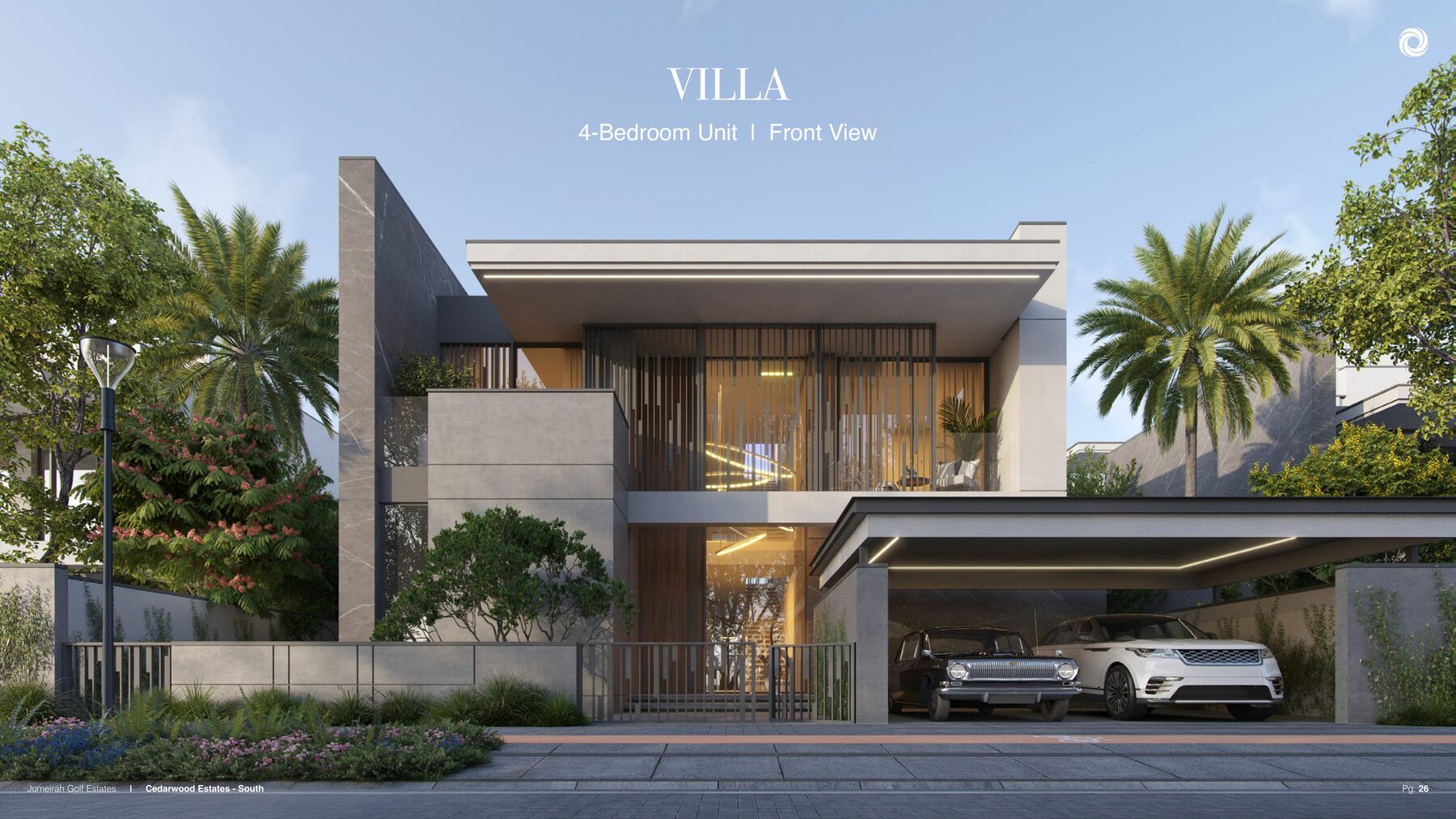 Render of the front elevation of a 4-bedroom Cedarwood Estates villa