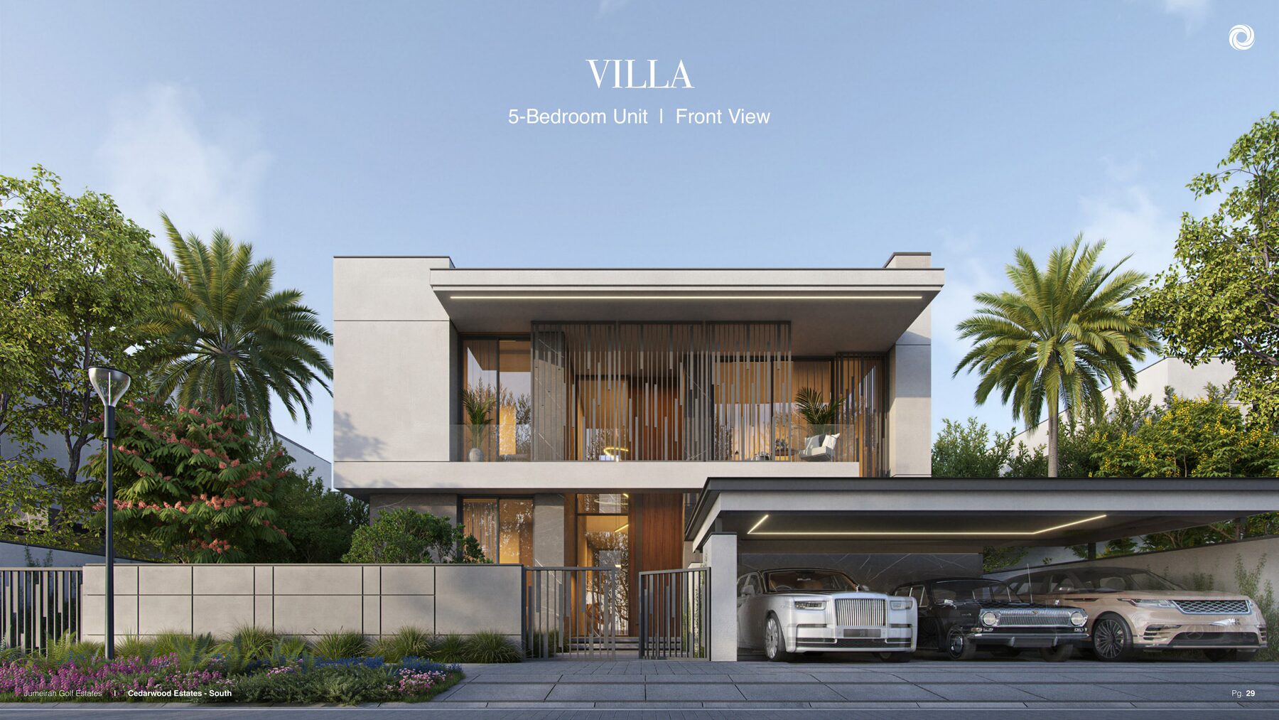 Render of the front elevation of a 5-bedroom Cedarwood Estates villa