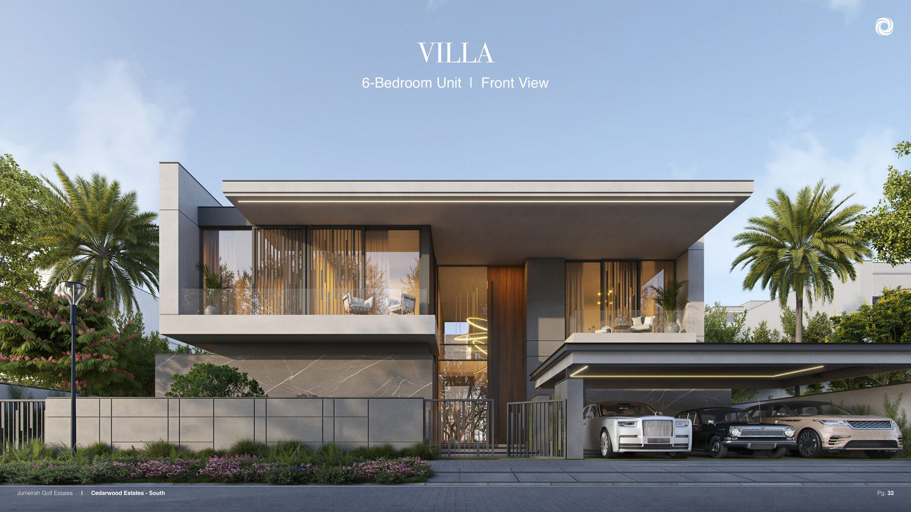 Render of the front elevation of a 6-bedroom Cedarwood Estates villa