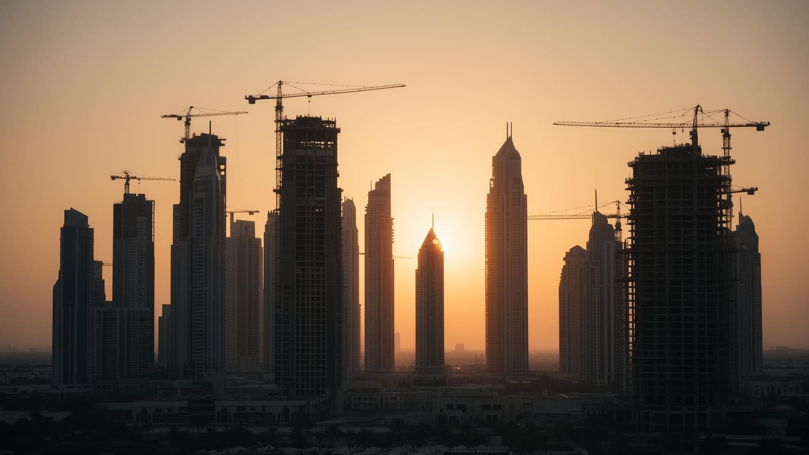 Dubai skyline with construction cranes at golden hour