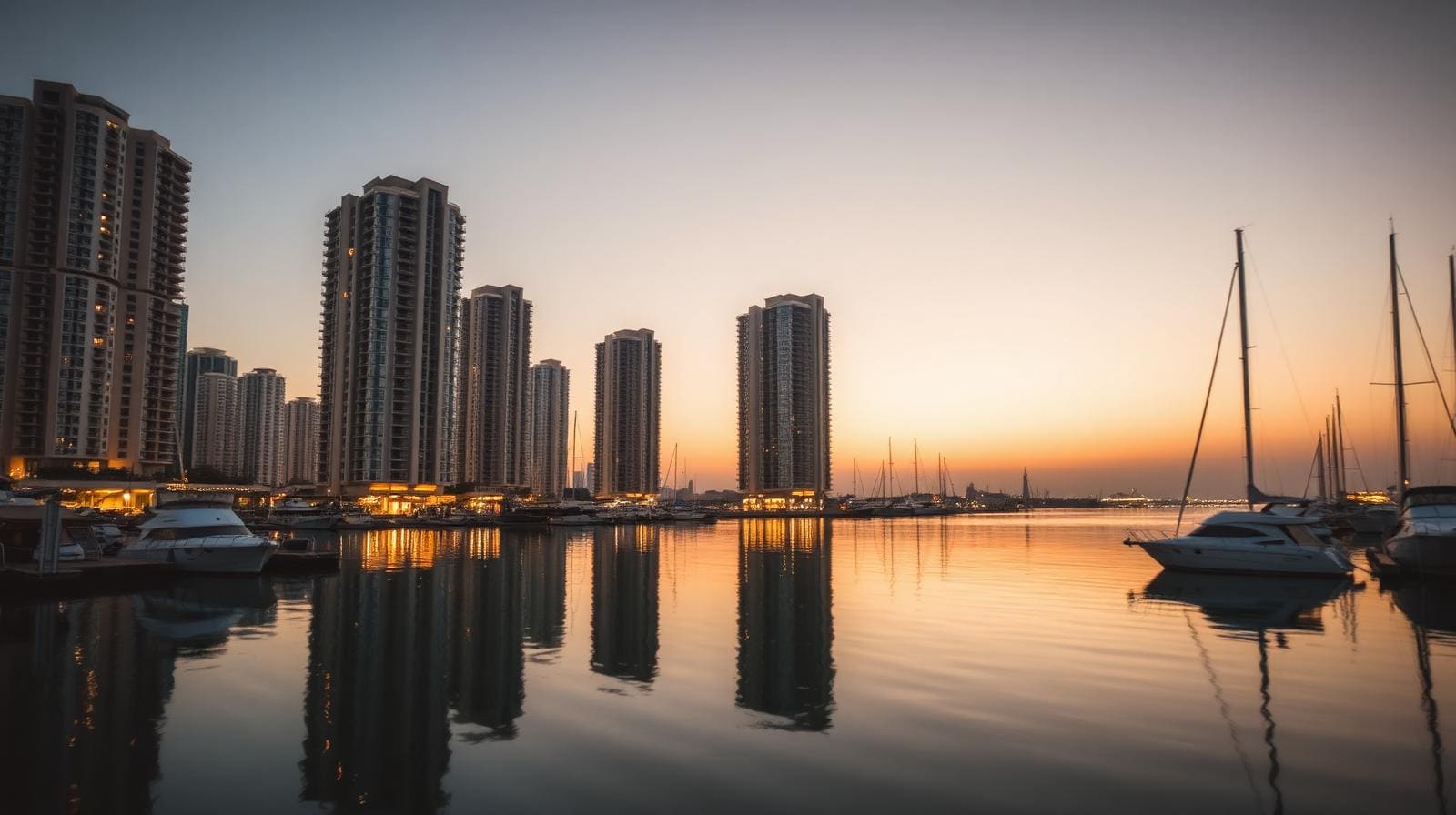 Dubai marina at dusk with residential towers reflected in calm water
