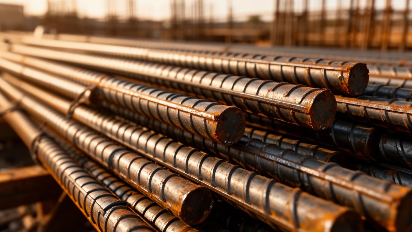 Stacked steel rebar bars at a construction site